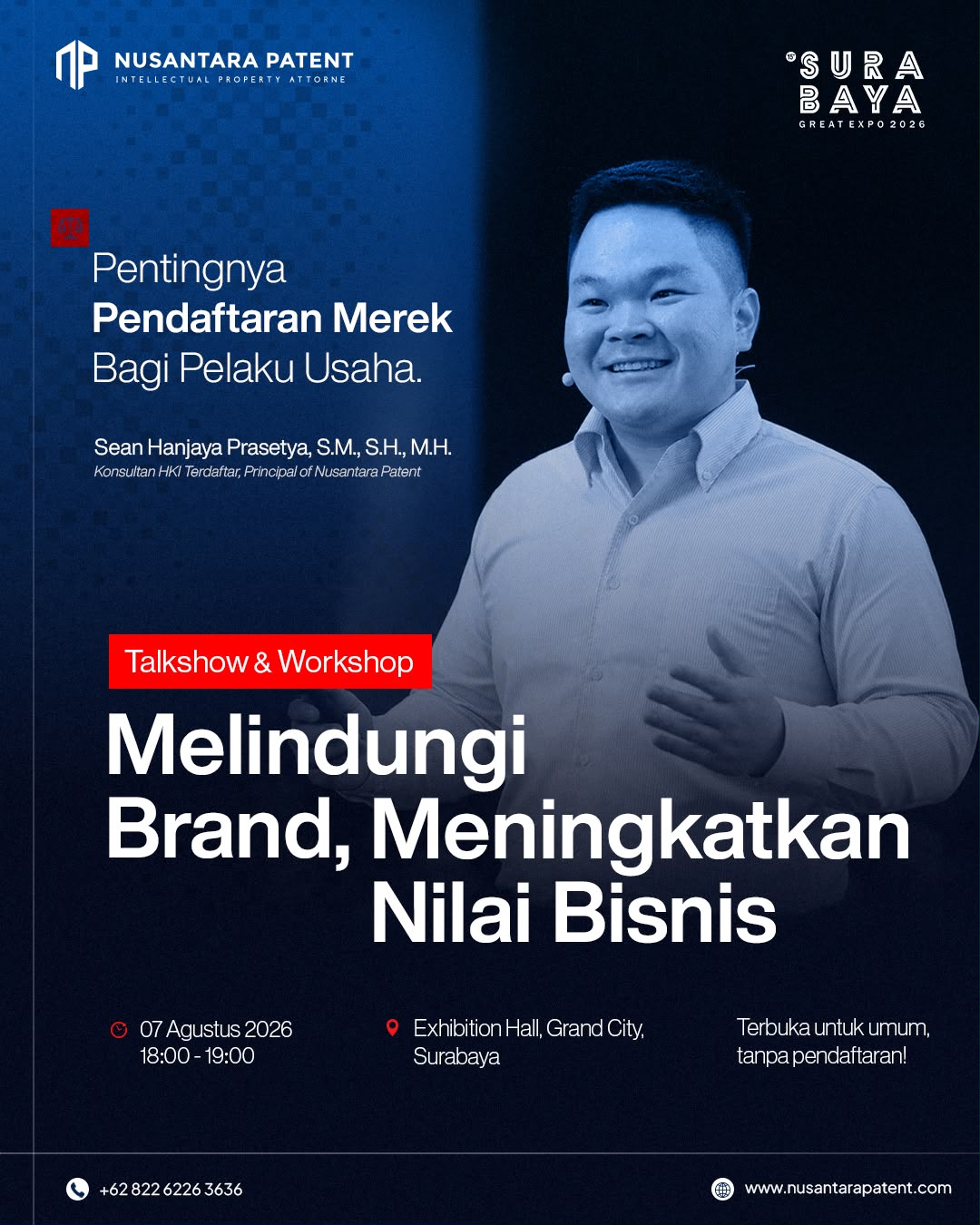 Flyer talkshow Melindungi Brand, Meningkatkan Nilai Bisnis di Surabaya Great Expo 2026